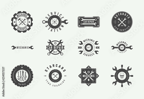 Set of vintage mechanic label, emblem, badge and logo. Vector illustration. Graphic Art