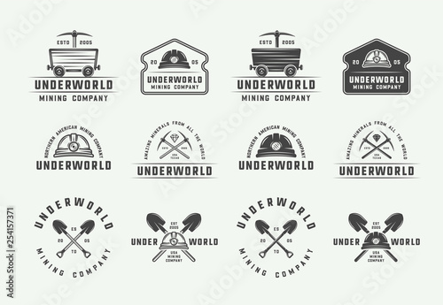Set of retro mining or construction logos, badges, emblems and labels in vintage style. Monochrome Graphic Art. Vector Illustration.