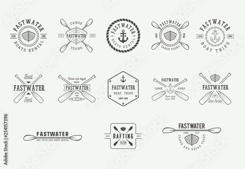 Set of vintage rafting logo, labels and badges. Graphic Art. Vector illustration.
