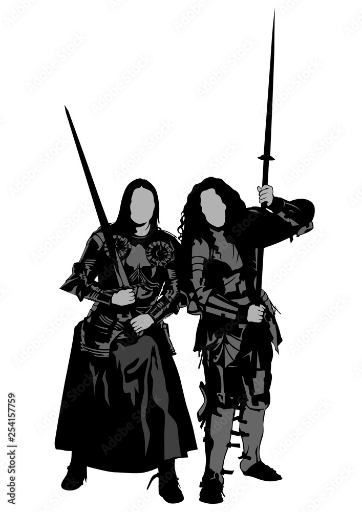 Naklejka premium Young women in old knightly clothes on white background