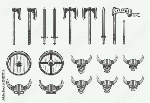 Set of vintage vikings weapons, equipment and heads. Monochrome Graphic Art. Vector Illustration.