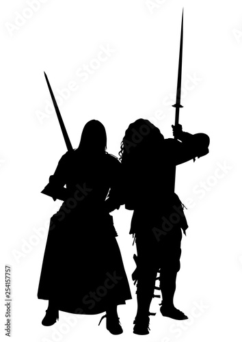 Young women in old knightly clothes on white background