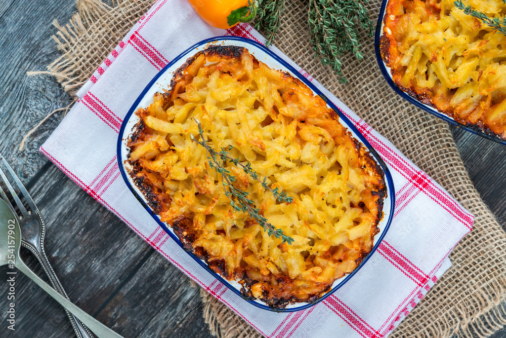 Swiss style potato rosti and pork bake Swiss style potato rosti and pork bake