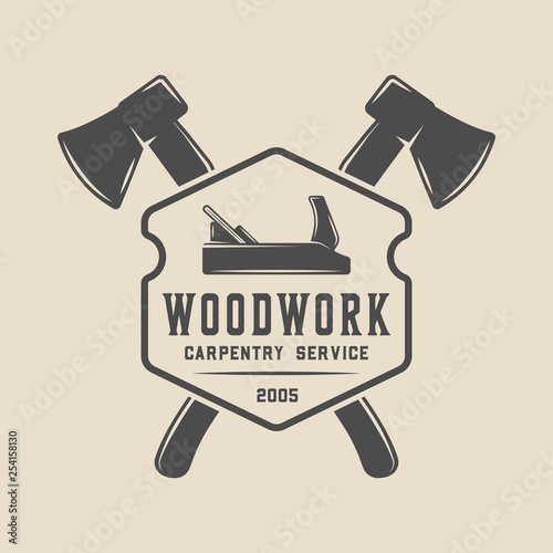 Vintage carpentry, woodwork and mechanic label, badge, emblem and logo. Vector illustration. Monochrome Graphic Art.