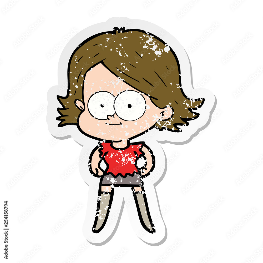 distressed sticker of a happy cartoon girl distressed sticker of a happy cartoon girl