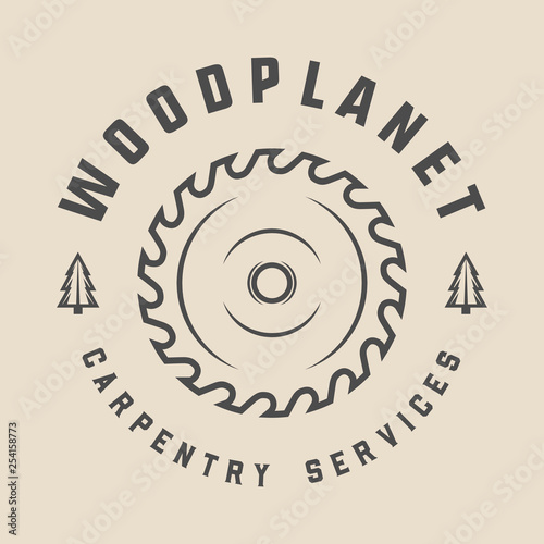 Vintage carpentry, woodwork and mechanic label, badge, emblem and logo.illustration. Monochrome Graphic Art. Vector.