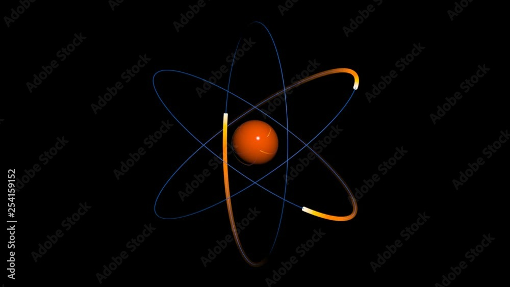 atom - blue and orange atomic particle with electrons rotating around nucleus - 3d animation.