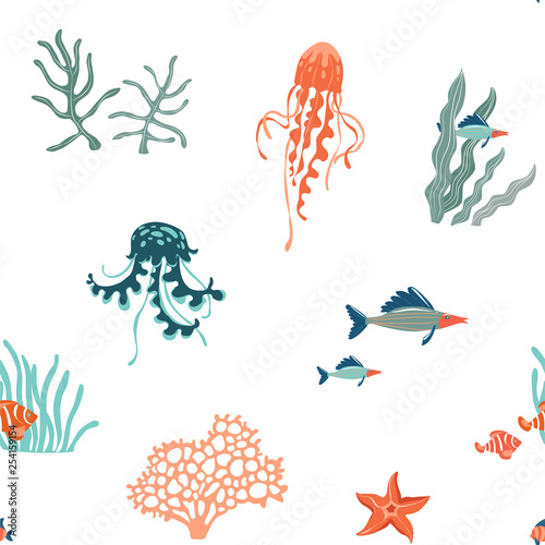 Marine Life flat vector seamless pattern background. Underwater animals wildlife