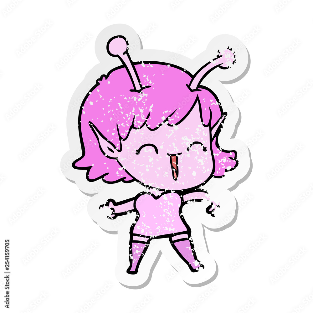 distressed sticker of a cartoon alien girl laughing