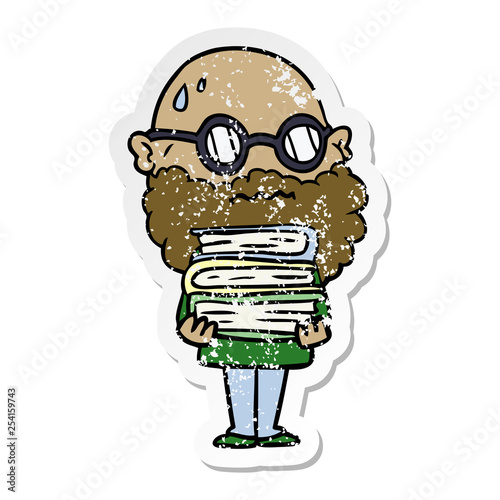 distressed sticker of a cartoon worried man with beard and stack of books