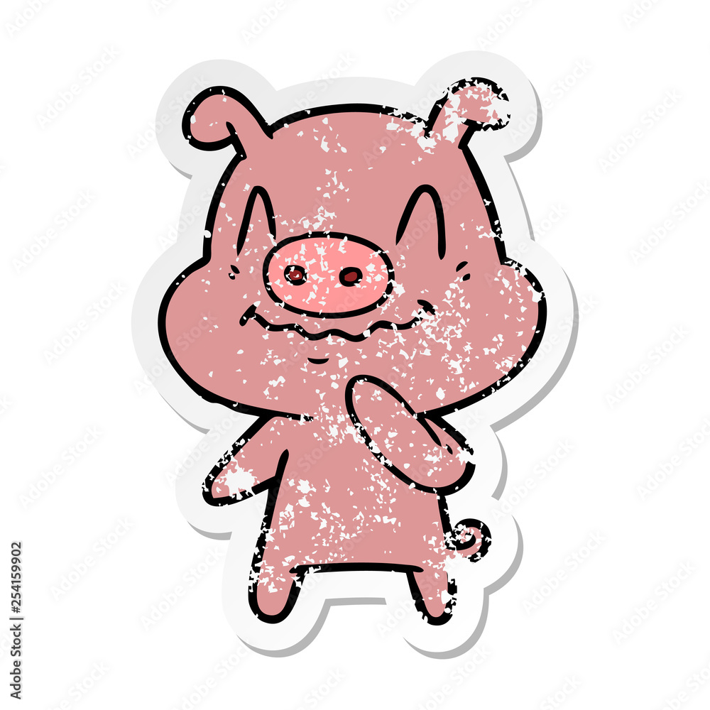 distressed sticker of a nervous cartoon pig distressed sticker of a nervous cartoon pig