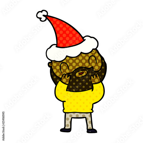 comic book style illustration of a bearded man wearing santa hat