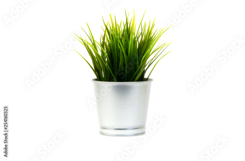 Artificial grass in metal pot decoration isolated on white background