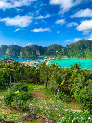Vacation in tropical climate concept. The beautiful island of Phi Phi don view from the view point