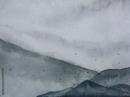 Photography watercolor misty landscape mountain fog and birds flying in the sky