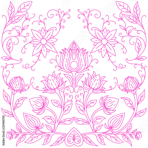 Seamless pattern pink irises on a white blue-purple backgroundSymmetrical pattern of flowers. Print for textiles. Vector