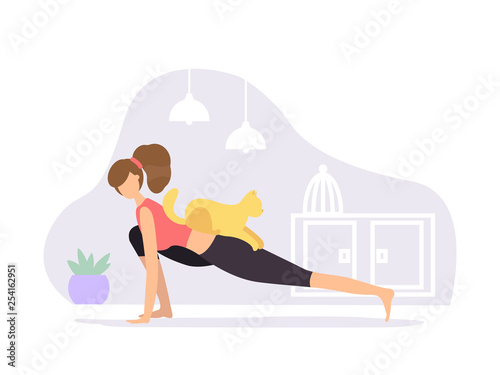 High lunge pose. Woman doing Yoga with cat