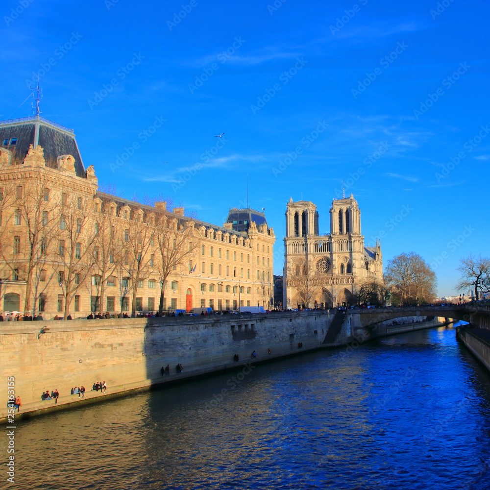 Notre Dame Cathedral and Seine river in Paris, France