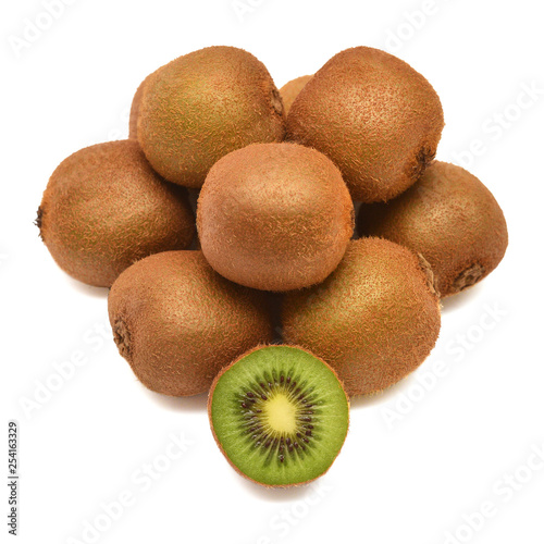 Ripe kiwi fruit whole and sliced isolated on white background. Flat lay  top view