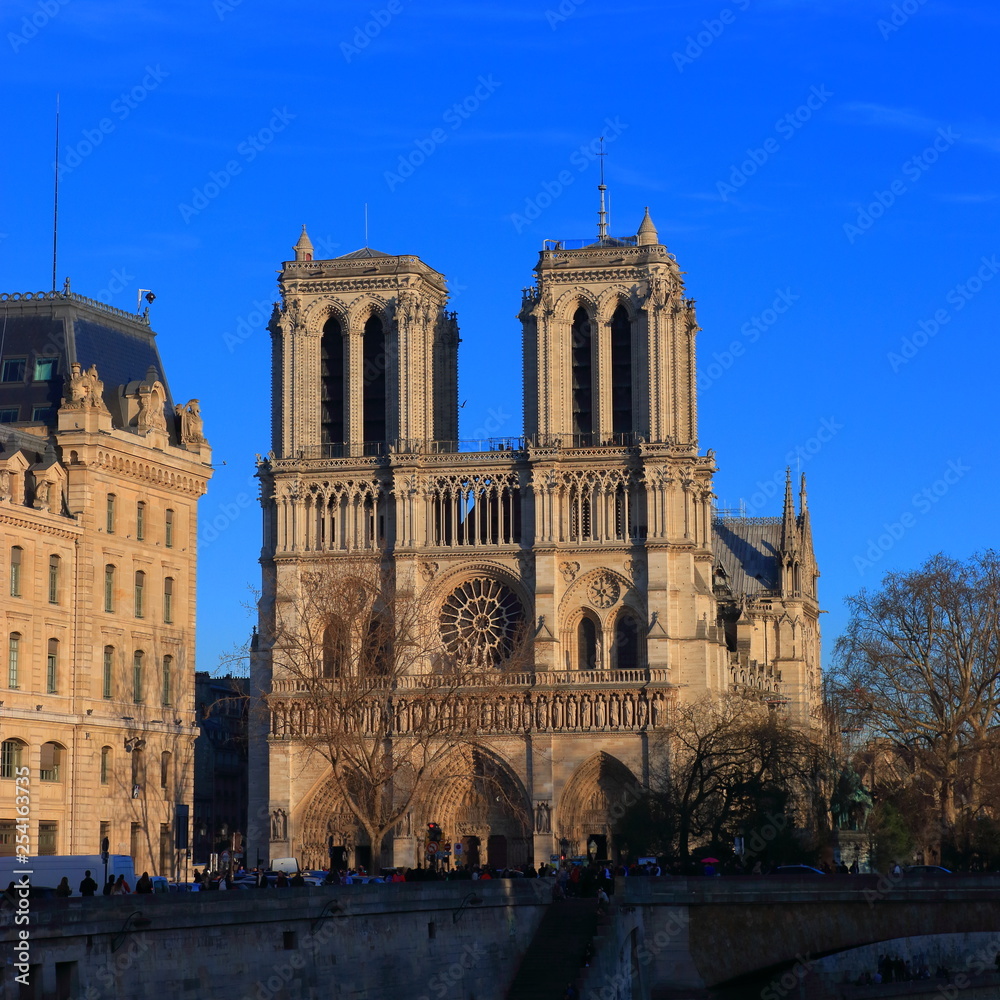 Notre Dame Cathedral in Paris and tourists , France