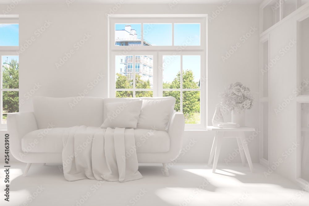 Fototapeta premium Stylish room in white color with sofa and green landscape in window. Scandinavian interior design. 3D illustration
