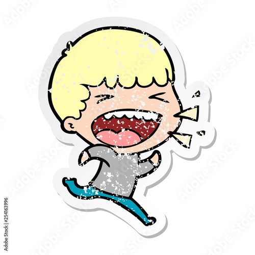 distressed sticker of a cartoon laughing man