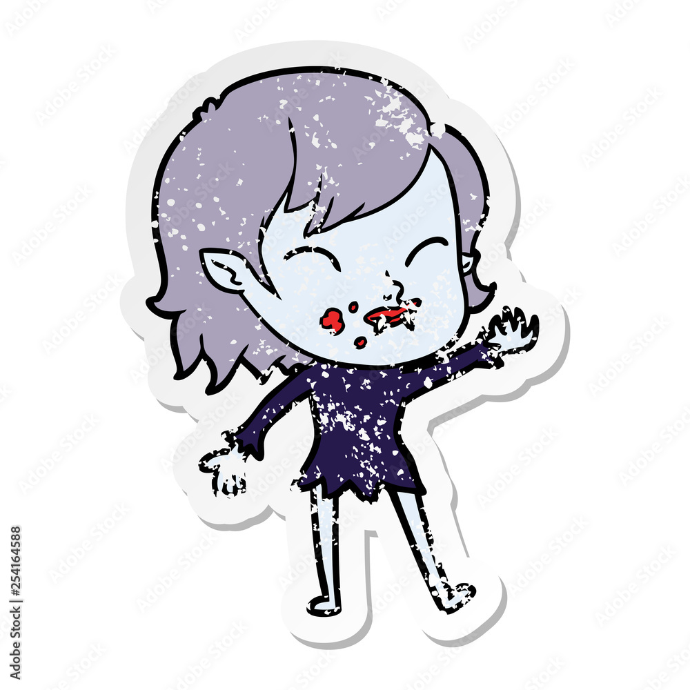 distressed sticker of a cartoon vampire girl with blood on cheek distressed sticker of a cartoon vampire girl with blood on cheek