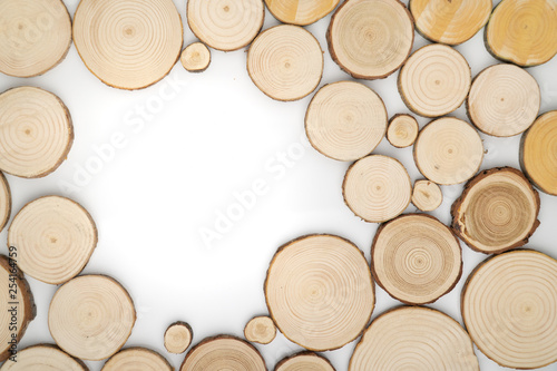 Pine tree cross-sections with annual rings on white background. Lumber piece close-up shot, top view.