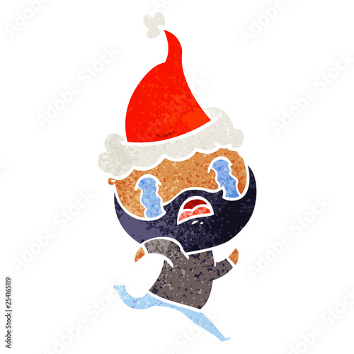 retro cartoon of a bearded man crying wearing santa hat