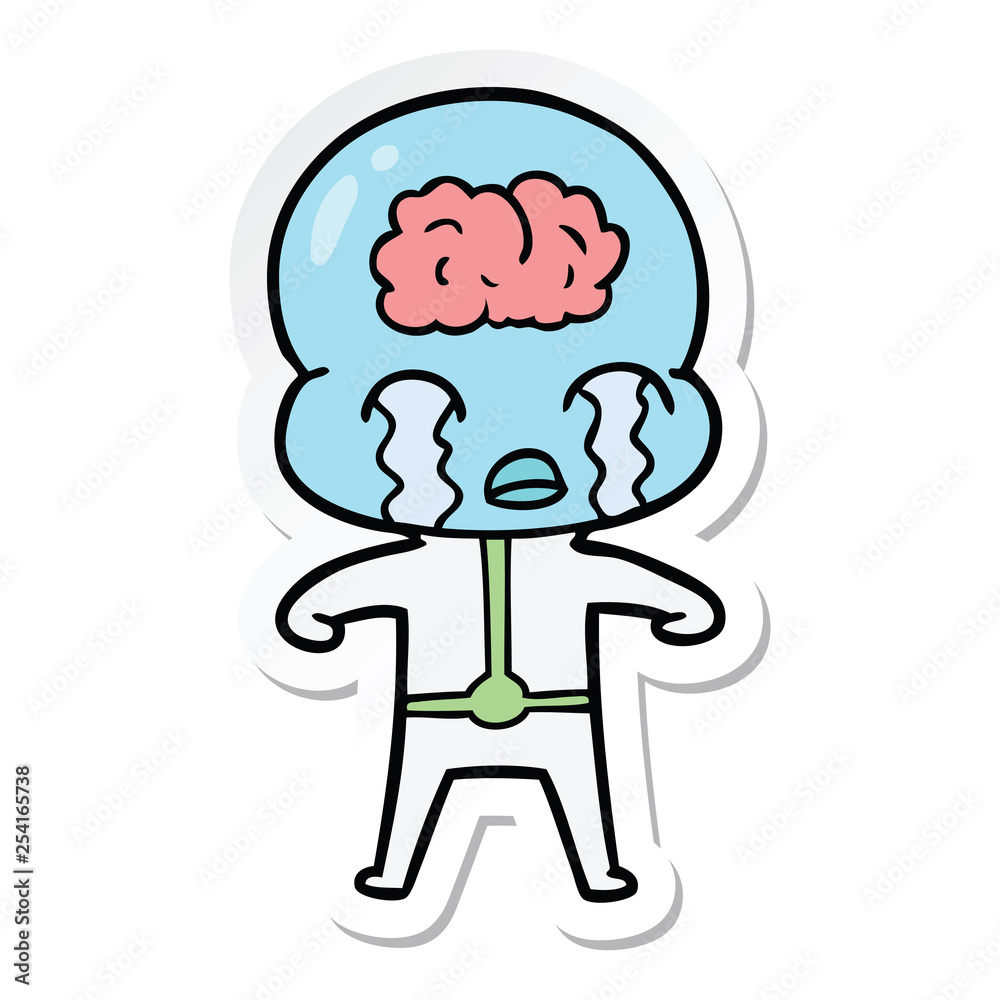 sticker of a cartoon big brain alien crying sticker of a cartoon big brain alien crying
