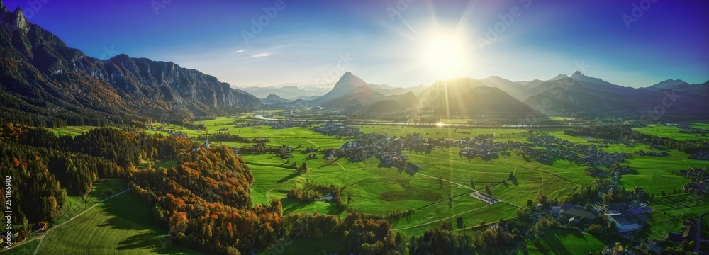 Tyrol tirol ebbs pano panorama sun sonne green - obrazy, fototapety, plakaty 