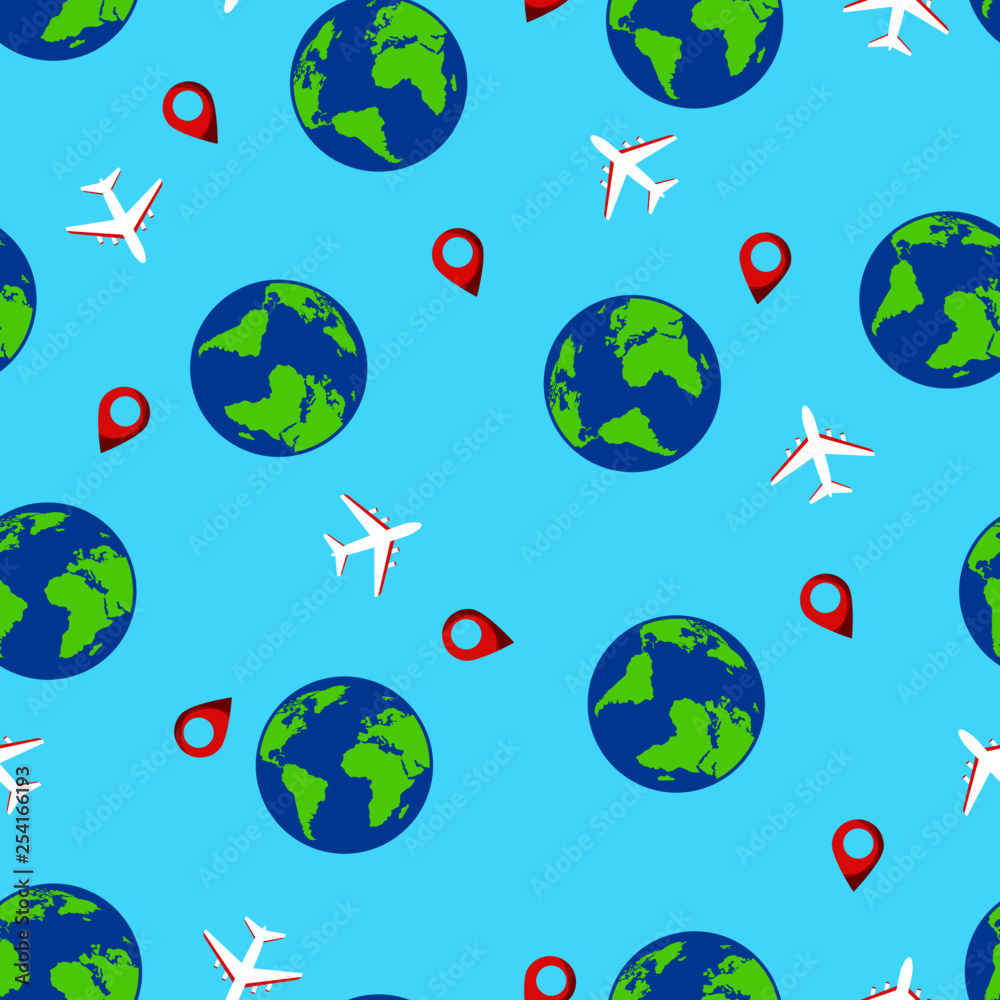 Seamless travel pattern with Earth and aircrafts on blue background. Vector tourist concept. Design for web page, fabric, wallpaper, textile, invitations, flyers, brochures.