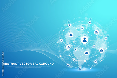 Global structure networking and data connection concept. Social network communication in the global computer networks. Internet technology. Business. Science. Vector illustration.