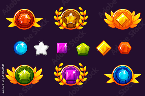 Receiving achievement Awards round Shield and Gems set, different Awards. For game, user interface, banner, application, interface, slots, game development.