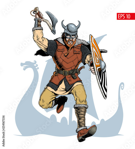 Viking with ax and shield attacks. Comic style vector illustration.