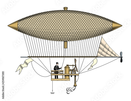 Vintage aerostat or zeppelin, isolated, engraving style vector illustration.