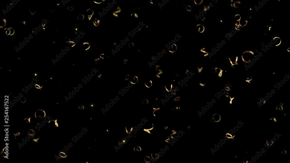 Holiday, carnival, festive, design element for celebration. Falling decoration, golden curly ribbons, bright serpentines and streamers with Alpha channel. Looped 4K motion graphic. Holiday, carnival, festive, design element for celebration. Falling decoration, golden curly ribbons, bright serpentines and streamers with Alpha channel. Looped 4K motion graphic.
