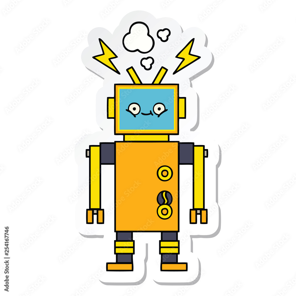sticker of a cute cartoon malfunctioning robot sticker of a cute cartoon malfunctioning robot