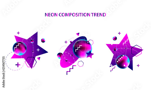 Modern geometric space lines retro neon volume abstract set white background violet banner trend art hipster style
