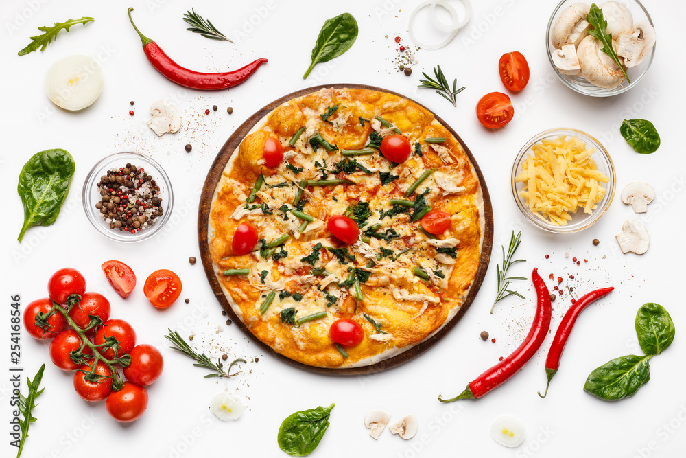 Italian pizza with cheese and cherry tomatoes Italian pizza with cheese and cherry tomatoes