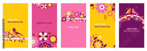 Vector set of abstract creative backgrounds in minimal trendy style with copy space for text and geometric flowers - design templates for social media stories and posts - simple, stylish designs for i