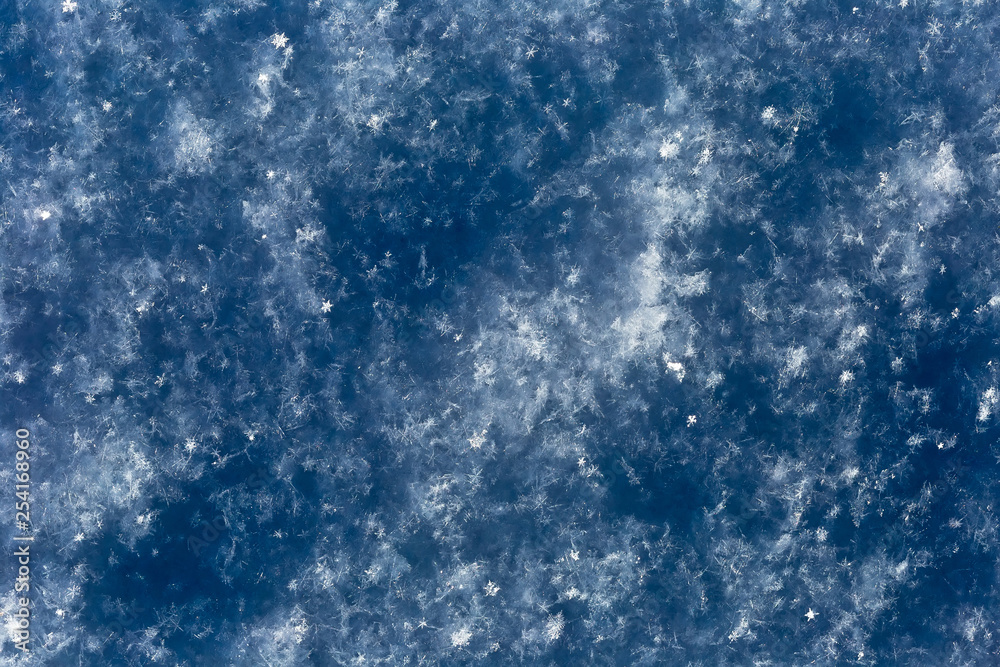 Blue snow surface texture with snowflakes. Winter background.	