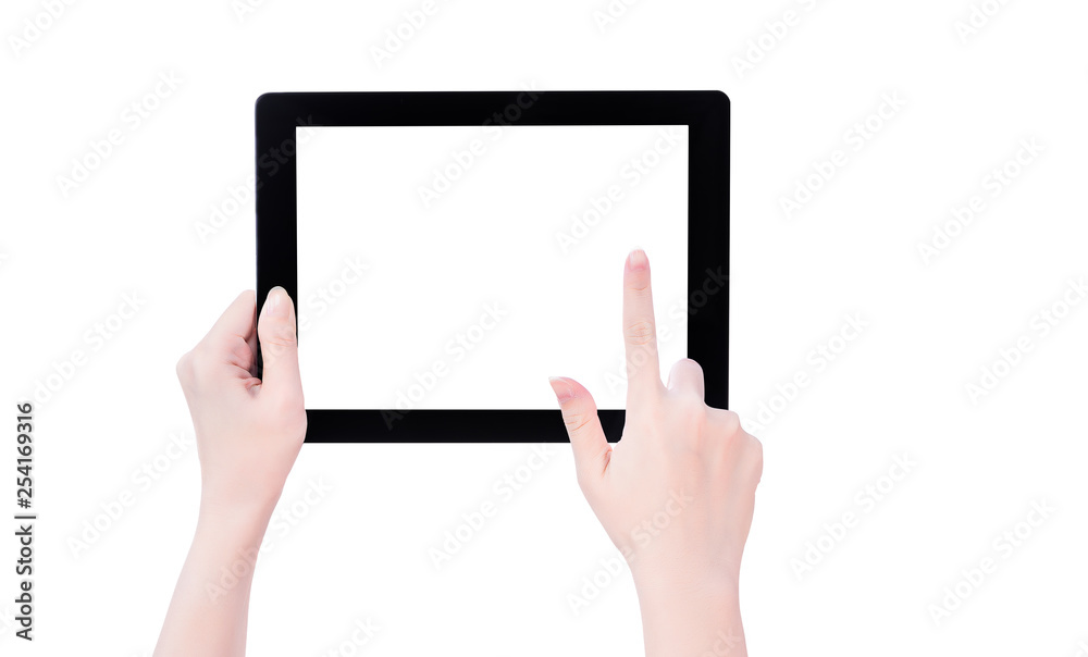 Young beautiful girl holding a black tablet pc template with white screen isolated on white background, close up, mock up, clipping path, cut out Young beautiful girl holding a black tablet pc template with white screen isolated on white background, close up, mock up, clipping path, cut out