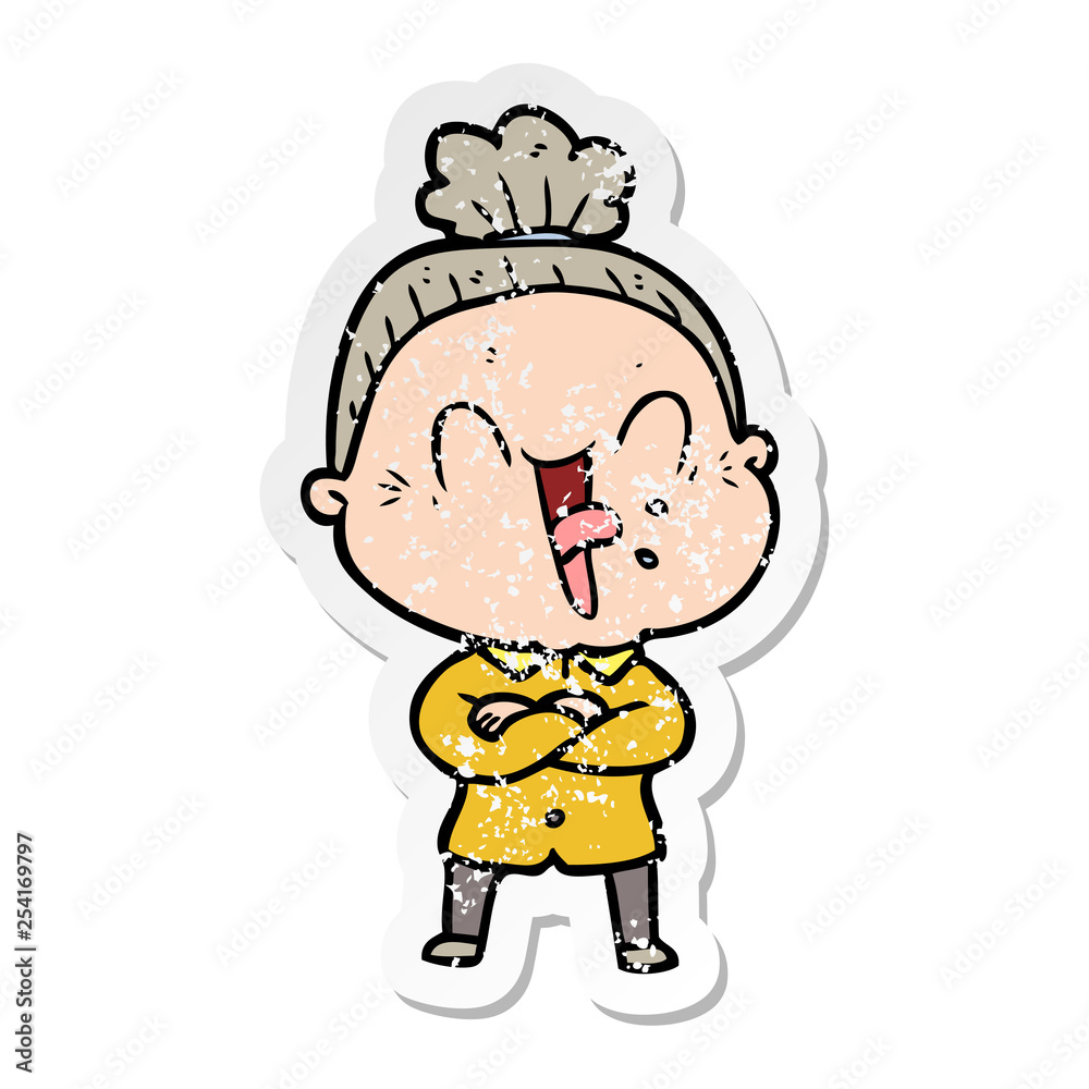 distressed sticker of a cartoon happy old woman distressed sticker of a cartoon happy old woman