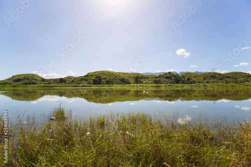 Fishpond nature scenery in sunlight with sunbeams and reflections of blue sky, white clouds and green trees in the water