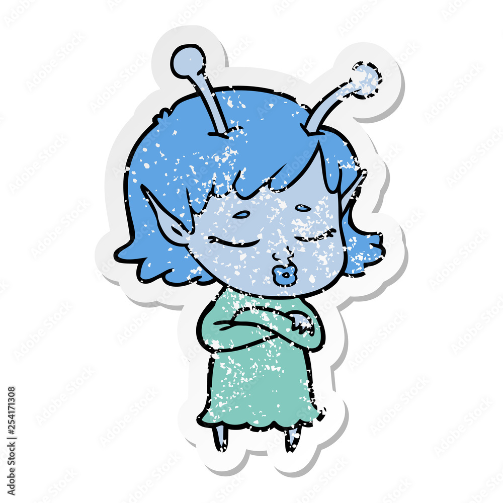 distressed sticker of a cute alien girl cartoon distressed sticker of a cute alien girl cartoon
