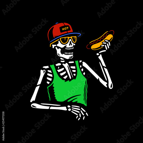 SKELETON EATING HOT DOG COLOR BLACK BACKGROUND
