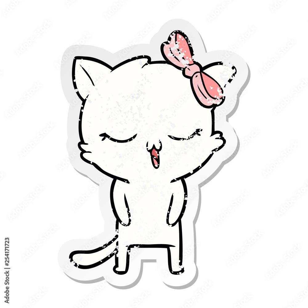 Fototapeta premium distressed sticker of a cartoon cat with bow on head