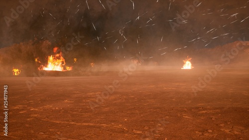 The battlefield in the smoke in the middle of explosions on an uncharted planet. 3D Rendering photo