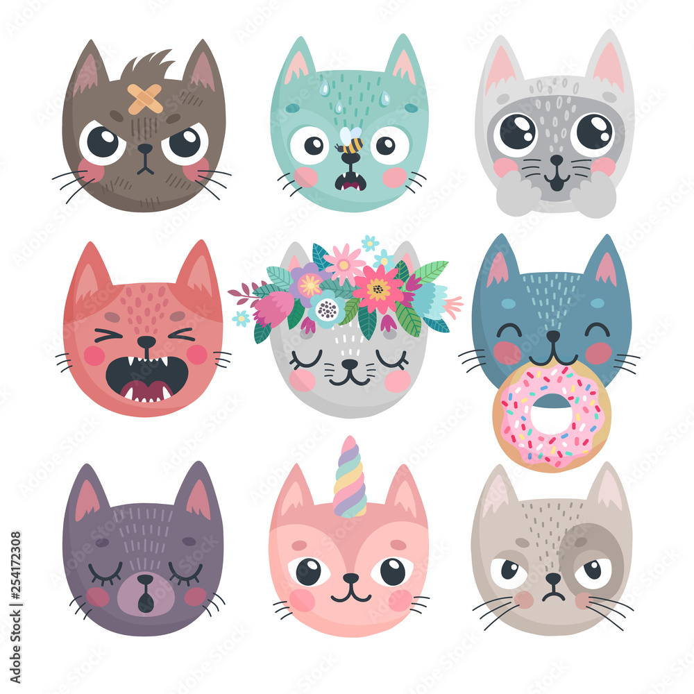 Cute kittens. Characters with different emotions - joy, anger, happines and others.